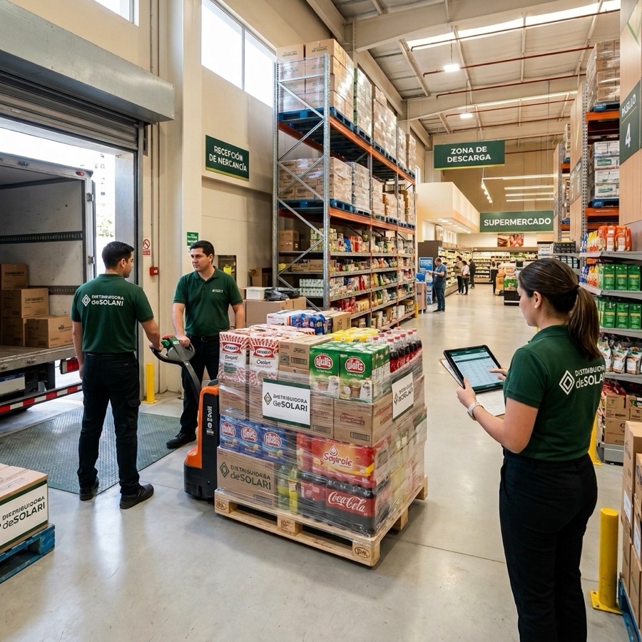 Escena referencial de abastecimiento comercial para supermercados y comercio